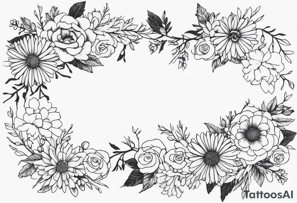 Asters, roses, hawthorns, and chrysanthemums in a long line tattoo idea