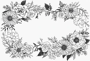 Asters, roses, hawthorns, and chrysanthemums in a long line tattoo idea