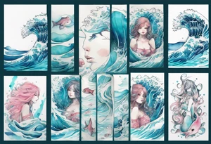 a turquoise and white and pink selkie with beautiful eyes emerging from the blue waves of the ocean tattoo idea