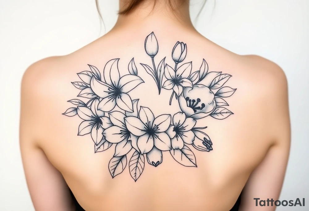 lilies, cherry blossoms and tulips with some leaves in a circular formation tattoo idea