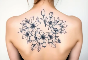 lilies, cherry blossoms and tulips with some leaves in a circular formation tattoo idea