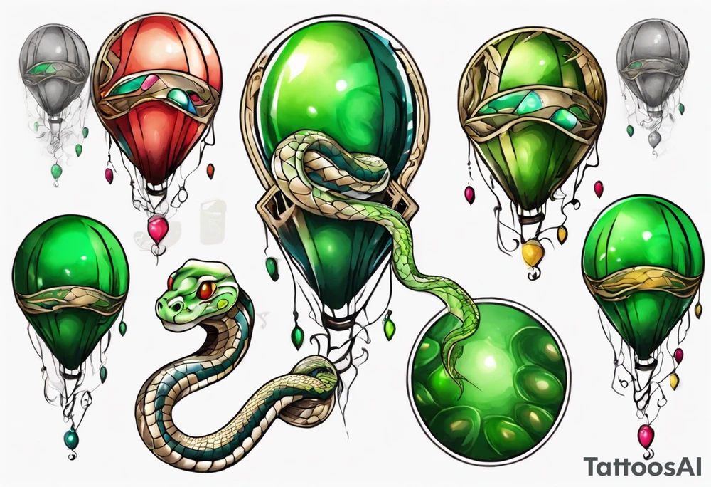regius python with colored ballons aside and a green gem on the other side tattoo idea
