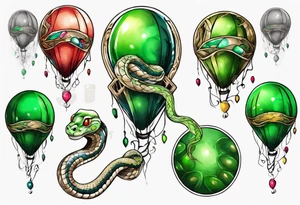 regius python with colored ballons aside and a green gem on the other side tattoo idea