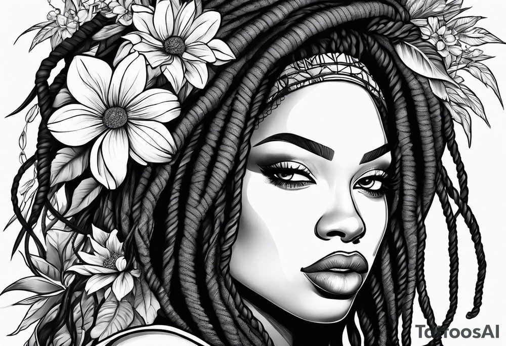 Black woman with long locs and flowers tattoo idea