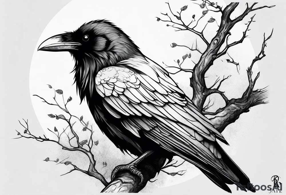 raven perched on branch tattoo idea