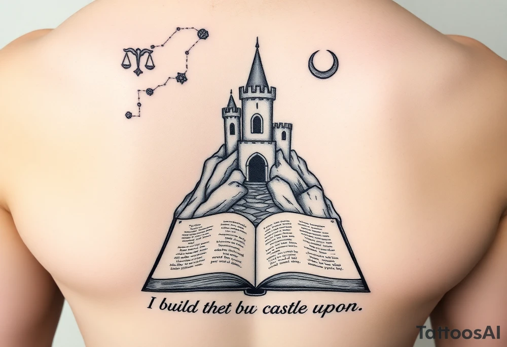 A small crumbling castle on a rocky mountain with an open book under the mountain. Above the castle are the 3 constellations aries, Libra and Sagittarius and a crescent moon. Underneath the open book are the words "you are the mountain I build my castle upon" tattoo idea