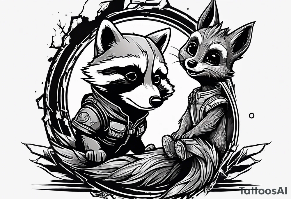 Disney guardians of the galaxy rocket playing with little groot tattoo idea