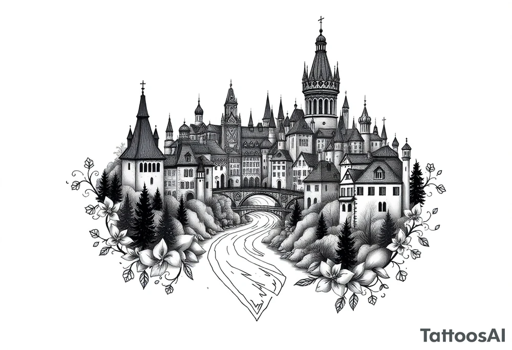 Magical fairytale city with river and bridge tattoo idea