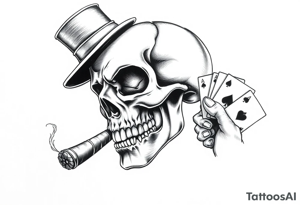 a skull with mustache, a big cigar in his mouth,top-hat on his head and playing cards in a hand. tattoo idea