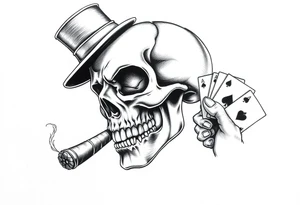 a skull with mustache, a big cigar in his mouth,top-hat on his head and playing cards in a hand. tattoo idea