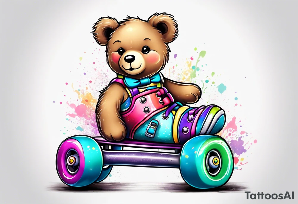 a teddy bear wearing cute, pastel rainbow rollerskates tattoo idea