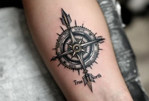 steampunk half compass half clock with a long native American arrow pointing at my wrist with the words “True North” and says "Isaiah 40:31" tattoo idea