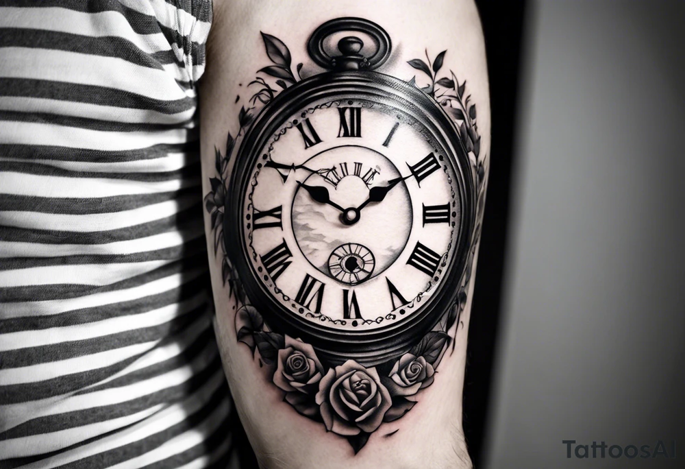 draw me a tattoo with an old clock and shadows of roman numerals are in the background. it is a tattoo located on the left shoulder of a man. it is black and white. Il représente le temps qui passe tattoo idea