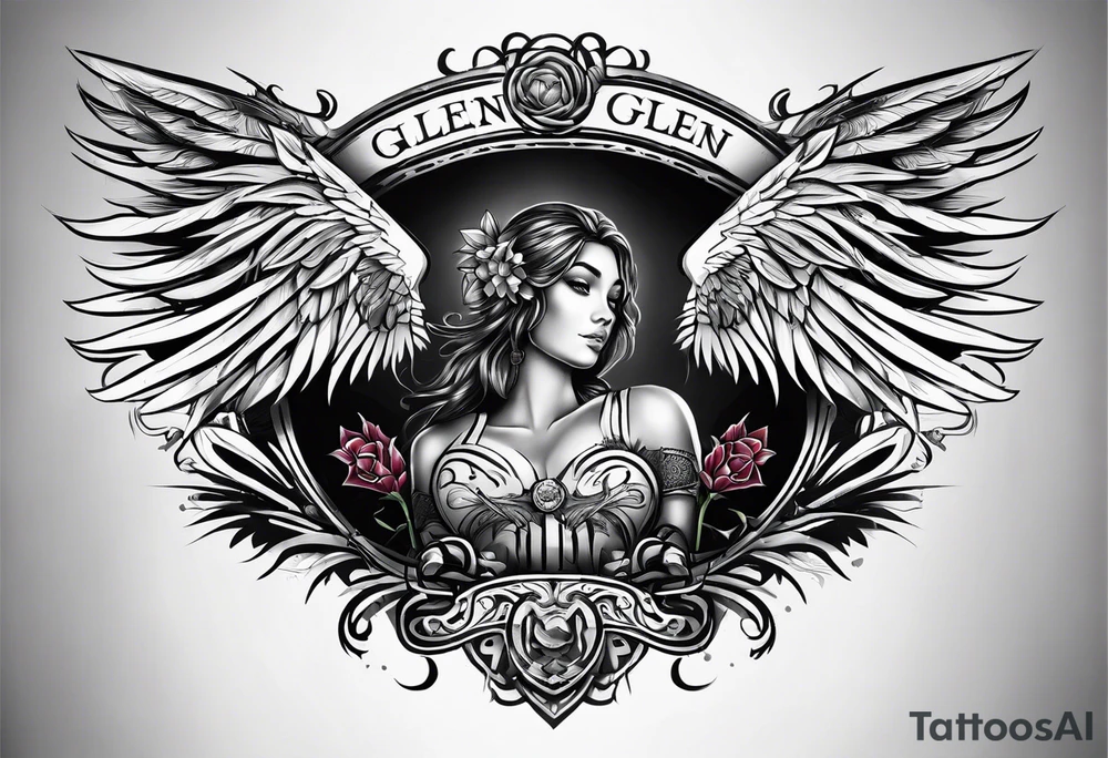 the word Glenn on a banner and angel wings tattoo idea