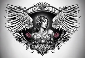the word Glenn on a banner and angel wings tattoo idea