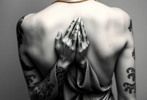 Based on that statue, modify it as if it were praying, with tattoos/damaged statue, with gold necklaces, jewelry, criminal, black and white tattoo style, arm, more feminine. tattoo idea