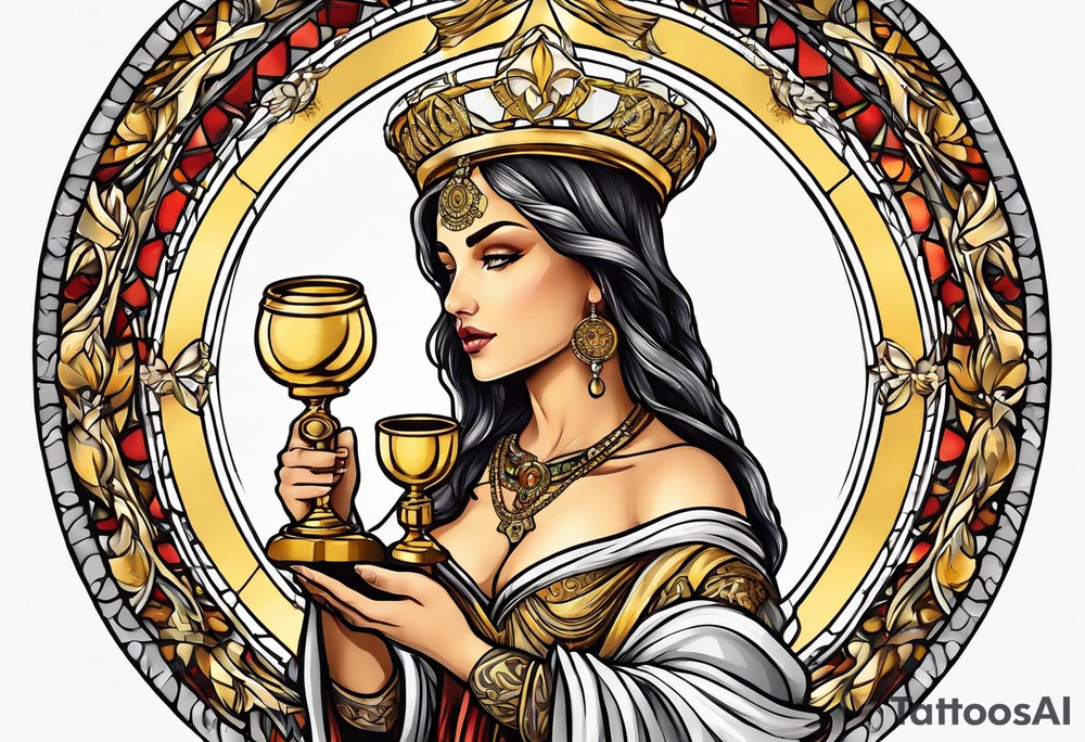 woman saint holding chalice surrounded by golden halo sideways tattoo idea
