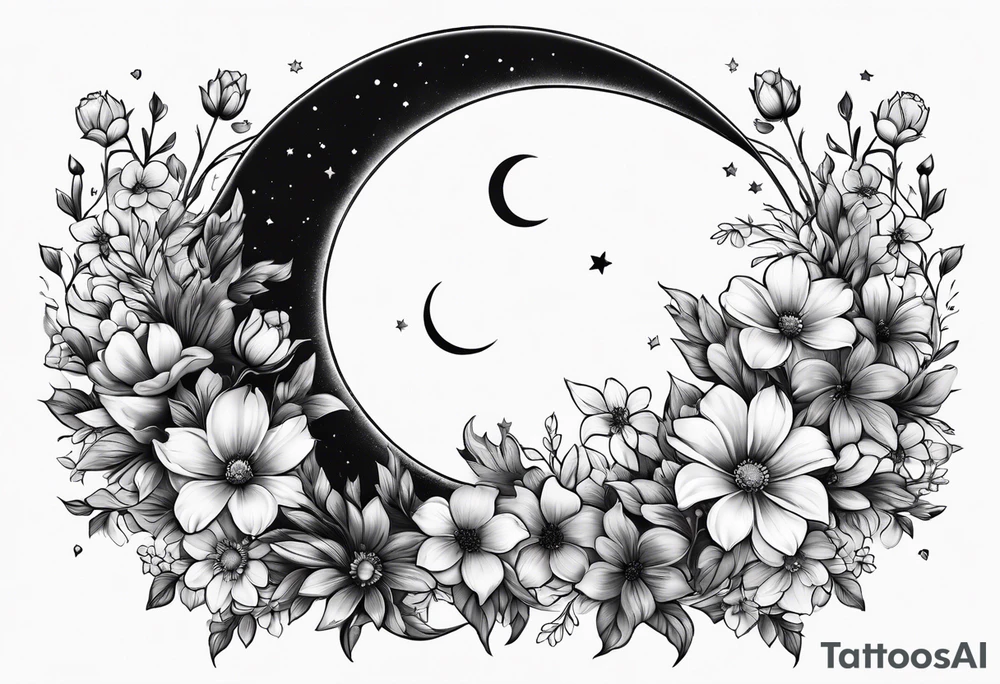 Crescent moon made out of flowers facing to the right tattoo idea