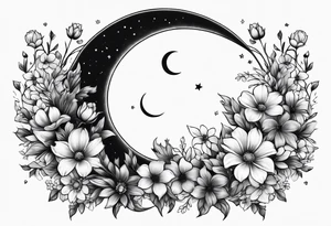 Crescent moon made out of flowers facing to the right tattoo idea