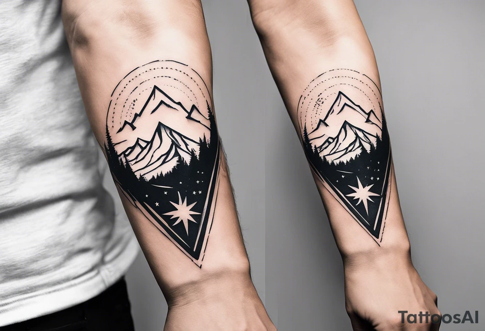 complete upper arm sleeve. Three Peaks, Three Stars, Swords, and Vines: Create a minimalistic fine line tattoo for a right upper arm half sleeve. Feature three rugged mountain peaks, each topped with a simple star. Emphasize crossed swords, integrating with abstract, feather-like patterns that evoke the Valkyrie spirit. Keep the design in clean, simple lines, emphasizing the serene and mystical qualities without text. tattoo idea