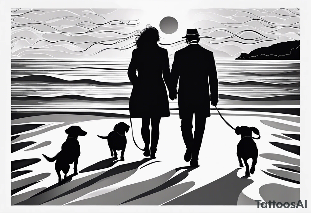 Two men and a woman, a small wire-haired dachshund are walking along the seashore. An invisible guy is next to them tattoo idea