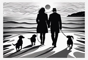 Two men and a woman, a small wire-haired dachshund are walking along the seashore. An invisible guy is next to them tattoo idea