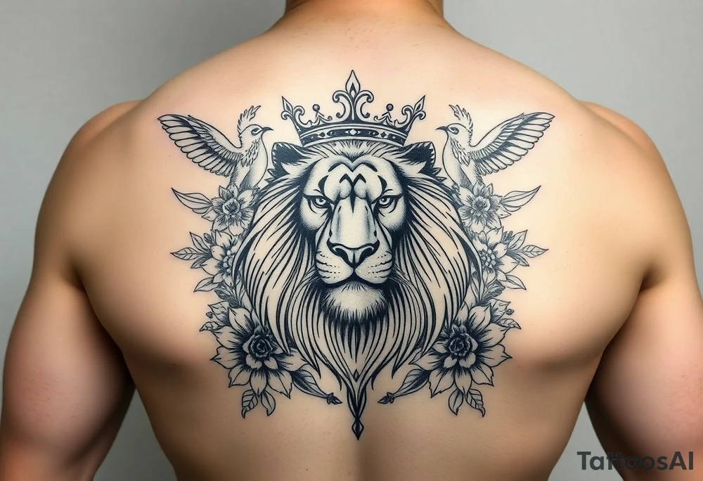 powerful majestic lion with a crown, surrounded by floral ornaments and birds tattoo idea