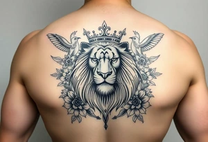 powerful majestic lion with a crown, surrounded by floral ornaments and birds tattoo idea
