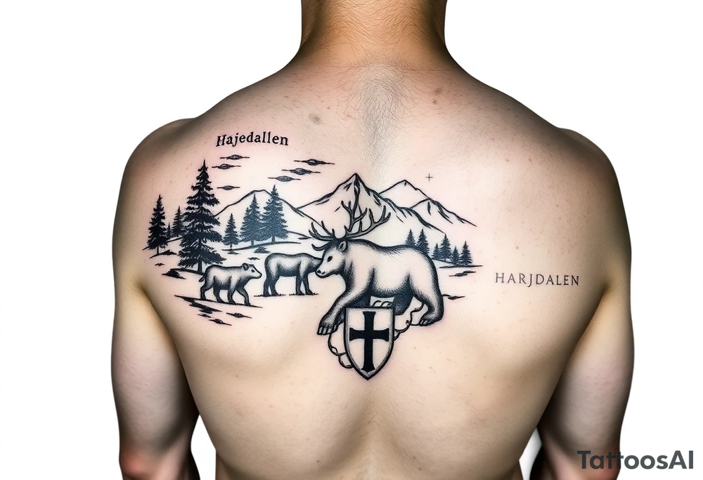 A armsleeve with the Härjedalen landscape, reindeer, bear, lakes, mountains (Helags), cross and Härjedalen's coat of arms on the hand tattoo idea