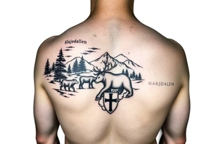 A armsleeve with the Härjedalen landscape, reindeer, bear, lakes, mountains (Helags), cross and Härjedalen's coat of arms on the hand tattoo idea