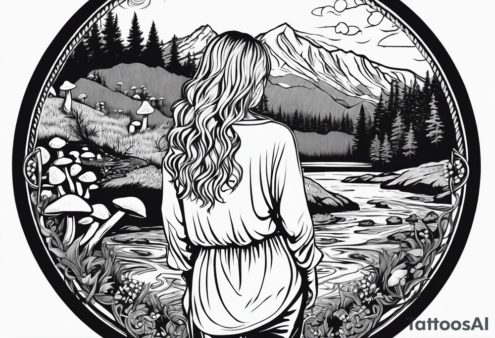 Whole picture encircled fully

Straight long blonde hair hippie girl in distance holding mushrooms in hand facing away toward mountains and creek surrounded by mushrooms long sleeve shirt and hiking pants; whole rendering within a full celtic circle, no cut off circle tattoo idea
