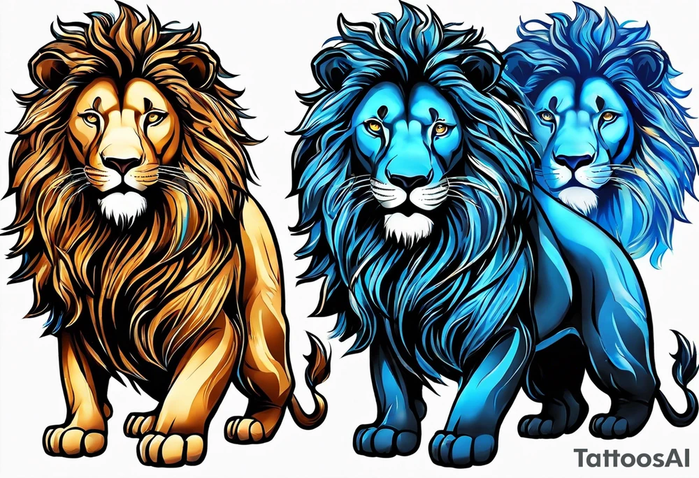 I Want zodiac leo/lion for upper arm and bicep. With blue and fire in it. I want the lion to be eating all its strengths and weaknesses labeled in black color tattoo idea