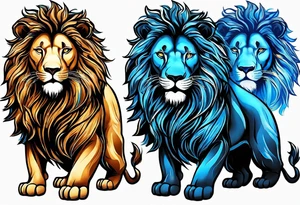 I Want zodiac leo/lion for upper arm and bicep. With blue and fire in it. I want the lion to be eating all its strengths and weaknesses labeled in black color tattoo idea