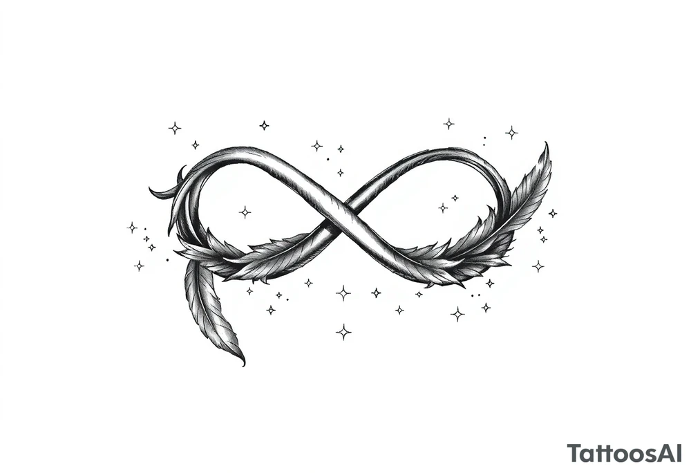 infinity symbol woven with floating feathers and stardust tattoo idea