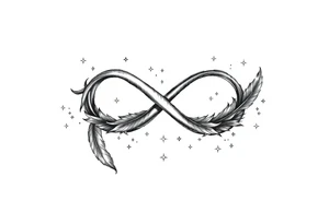 infinity symbol woven with floating feathers and stardust tattoo idea