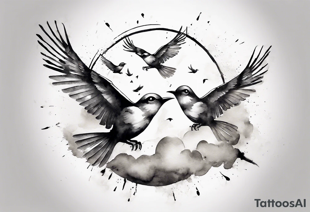 shoulder tattoo with light rays with birds flying free among the clouds, round shape, 3d effect tattoo idea shoulder tattoo with light rays with birds flying free among the clouds, round shape, 3d effect tattoo idea
