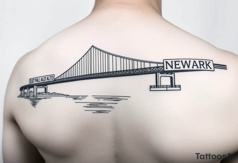 A bridge over water with two cities on the side. The city signs on the side of the bridge. East Palo Alto on the left and Newark on the right tattoo idea