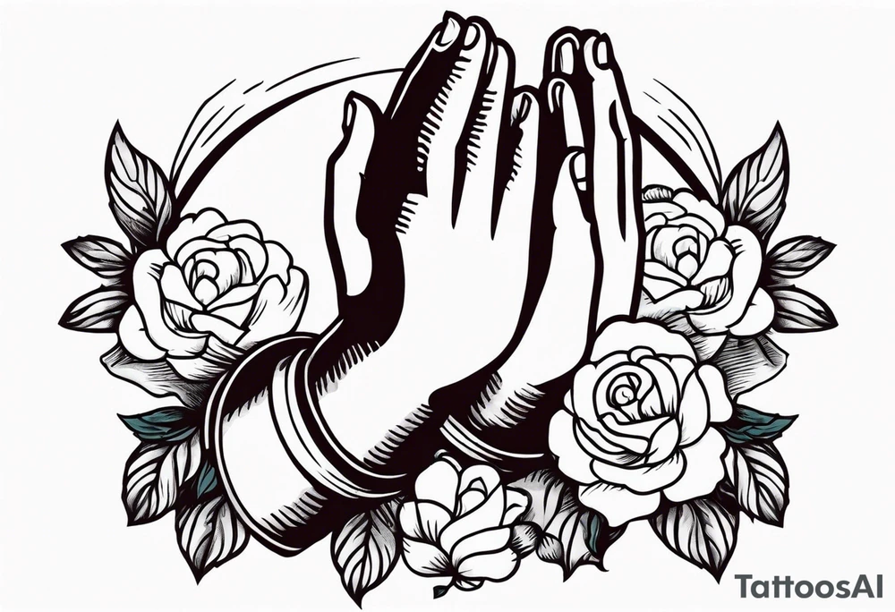 hands praying with flowers simple bold tradional old school style tattoo idea