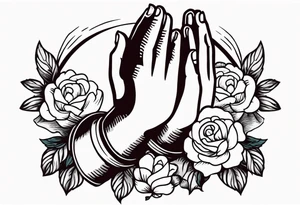 hands praying with flowers simple bold tradional old school style tattoo idea