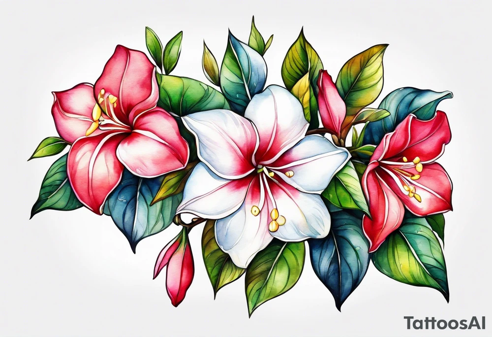 white background, abstract mandevilla flowers on a vine, part of it watercolor, part of it just line work tattoo idea