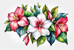 white background, abstract mandevilla flowers on a vine, part of it watercolor, part of it just line work tattoo idea