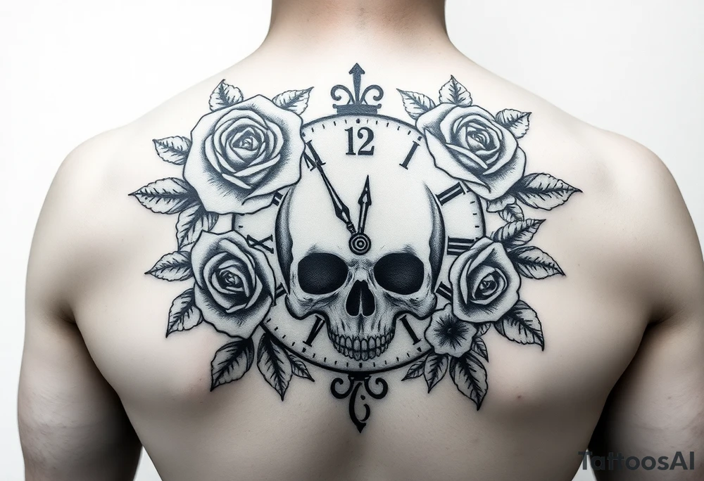 Clock face 11:43 as set time. With roses and skull tattoo idea