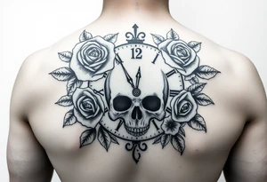 Clock face 11:43 as set time. With roses and skull tattoo idea