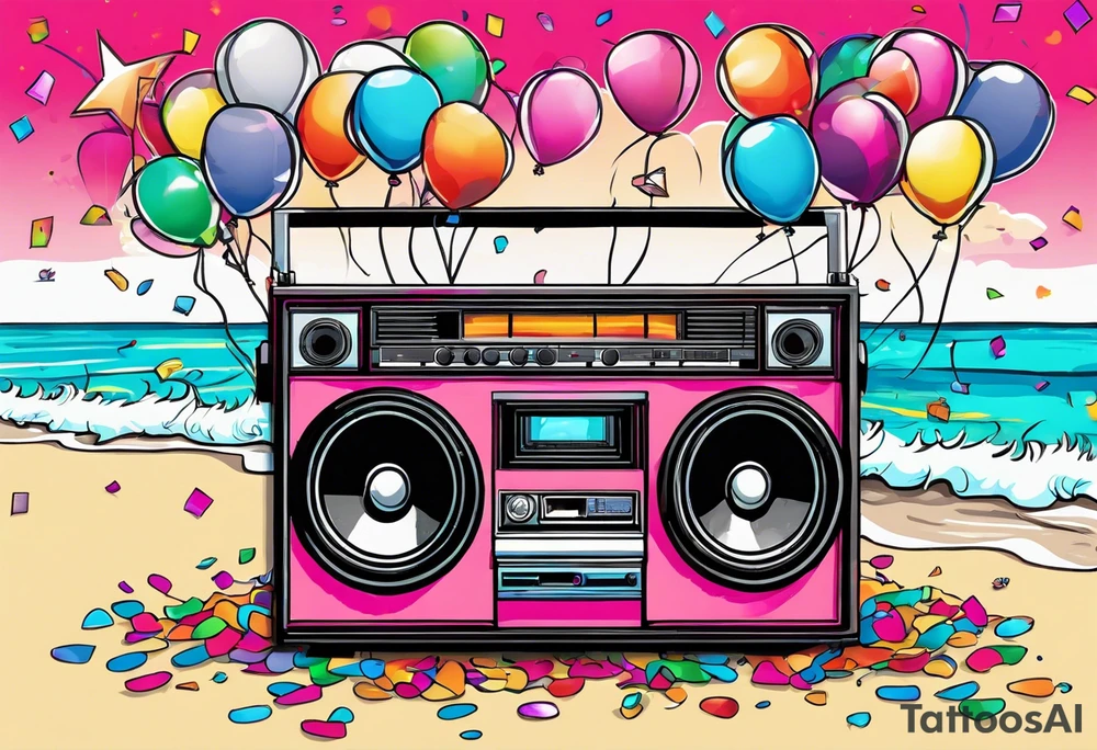 1980's style big boom box mith confetti, balloons and music notes against miami vice style beach background, include sexy party goers tattoo idea