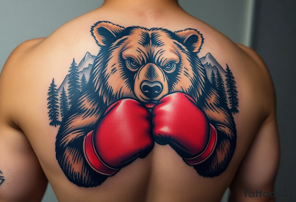 grizzly bear wearing boxing gloves for a match as a person would. The surrounding area is mountainous jungle tattoo idea