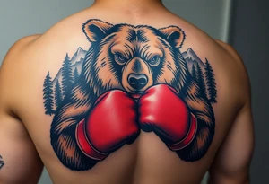 grizzly bear wearing boxing gloves for a match as a person would. The surrounding area is mountainous jungle tattoo idea