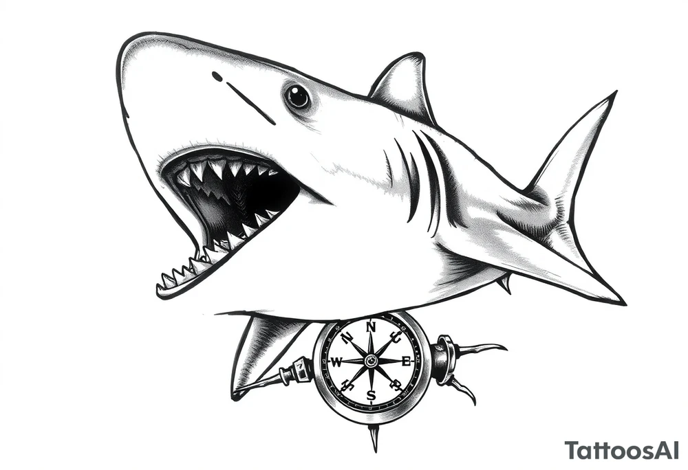 hammerhead shark with open mouth,under it a compass. tattoo idea
