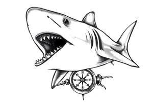 hammerhead shark with open mouth,under it a compass. tattoo idea