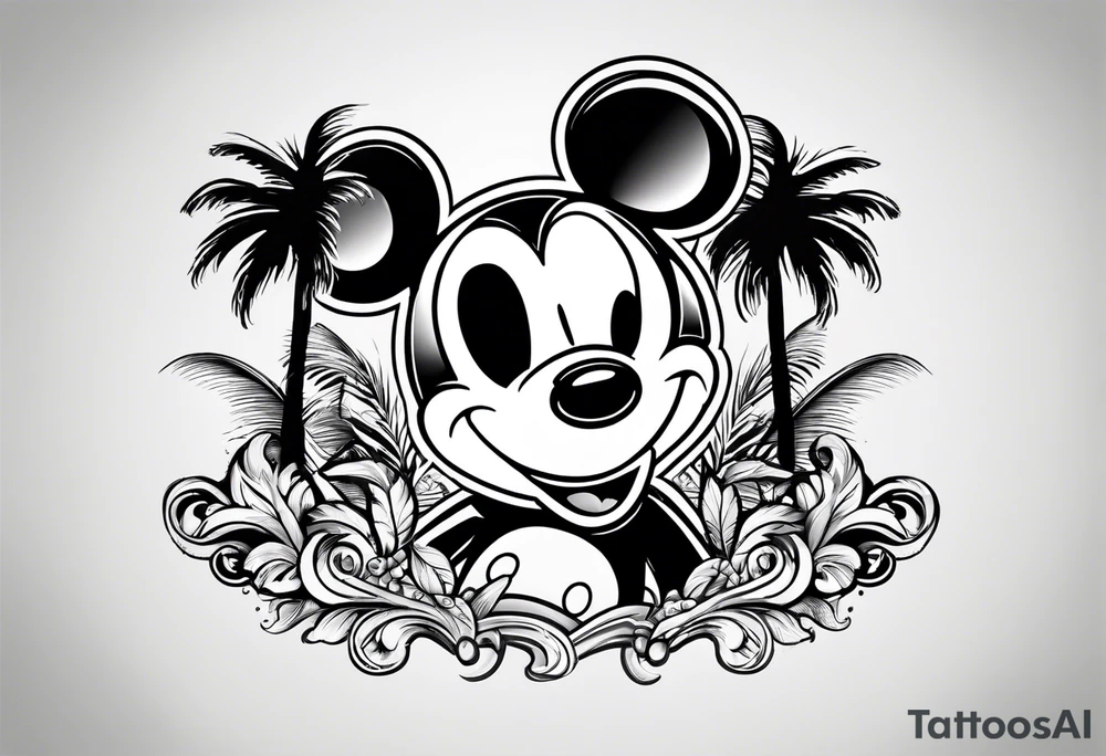 mickey mouse with palm trees tattoo idea