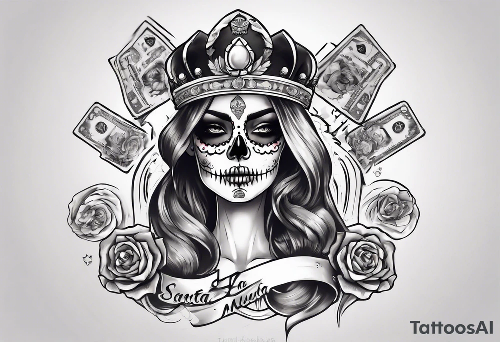 santa la muerta with money and crown
on the card tattoo idea